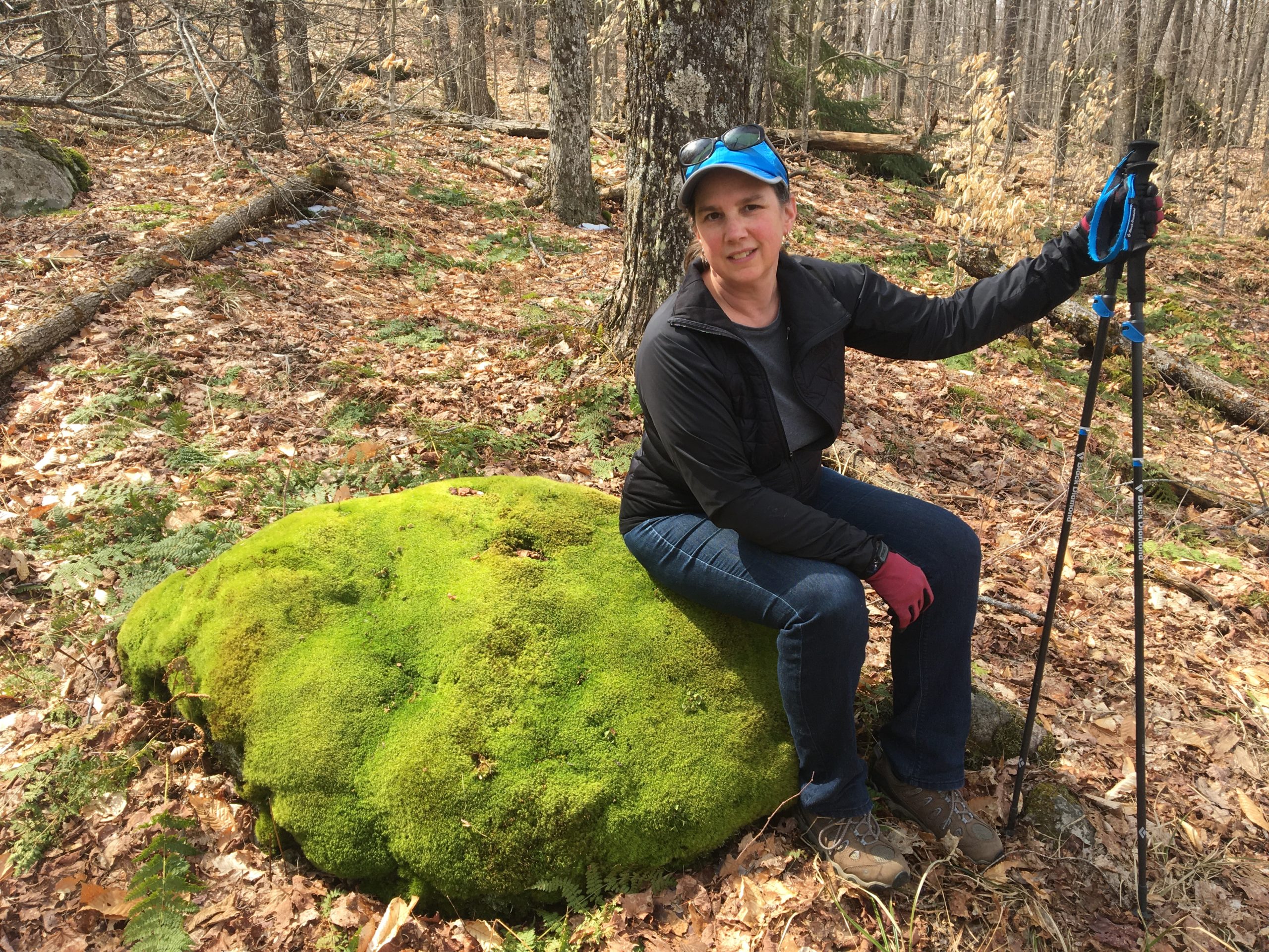 Innkeeper Lisa sitting on a mossy rock during a hike with hiking poles