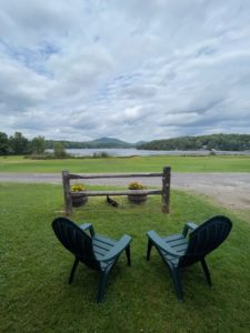 Adirondack chairs overlooking the lake